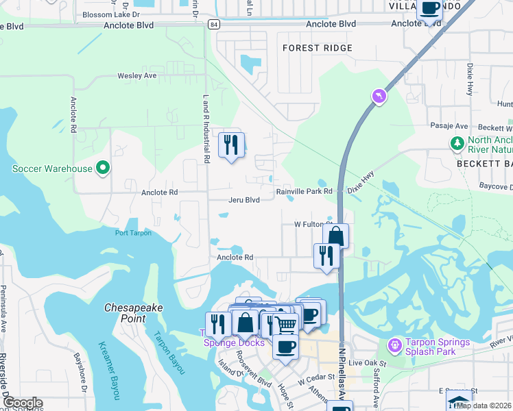map of restaurants, bars, coffee shops, grocery stores, and more near 289 Jeru Boulevard in Tarpon Springs