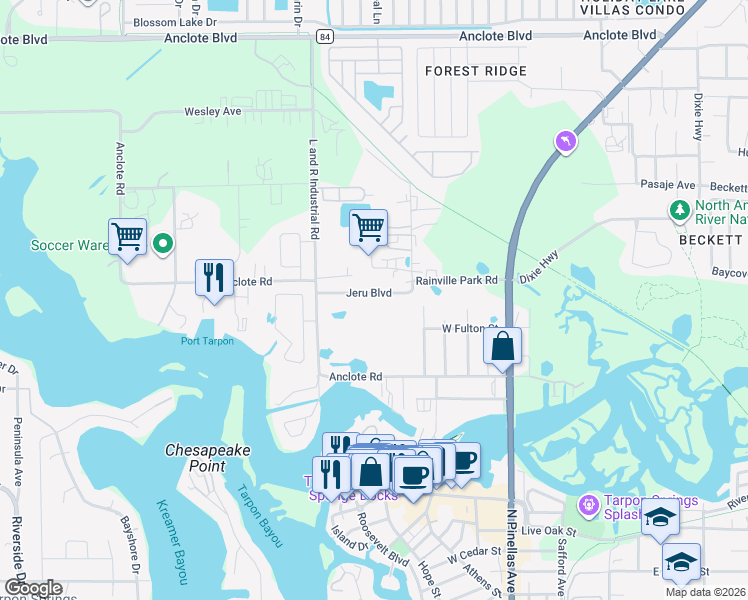 map of restaurants, bars, coffee shops, grocery stores, and more near 289 Jeru Boulevard in Tarpon Springs
