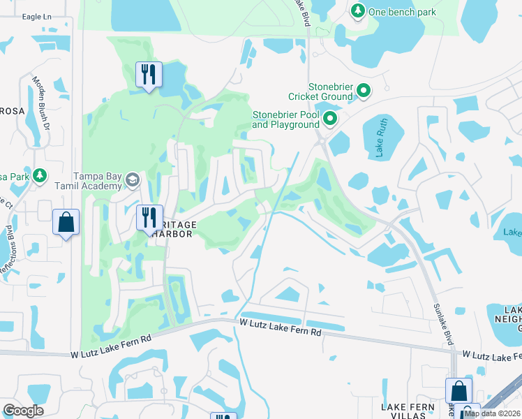 map of restaurants, bars, coffee shops, grocery stores, and more near 19264 Fishermans Bend Drive in Lutz