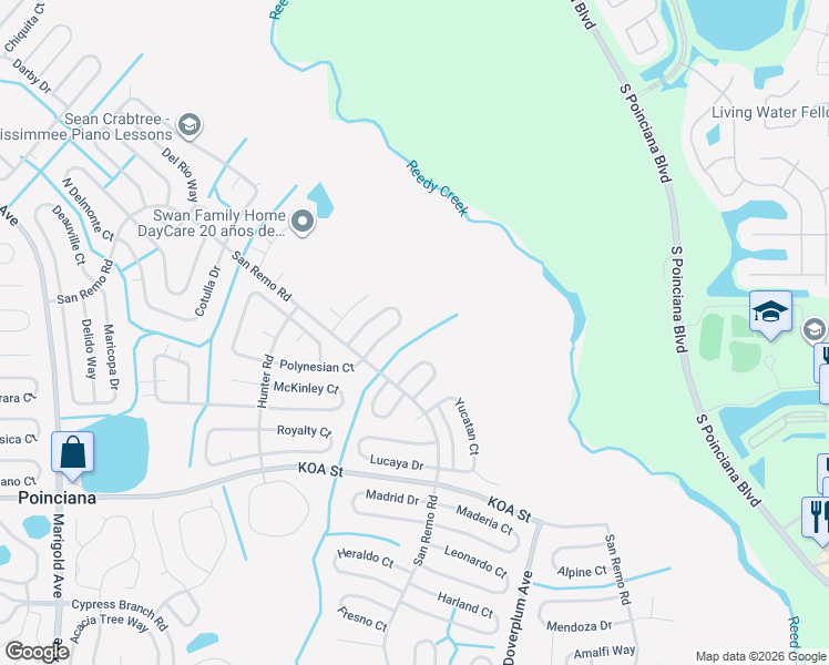 map of restaurants, bars, coffee shops, grocery stores, and more near 622 Floridian Drive in Kissimmee