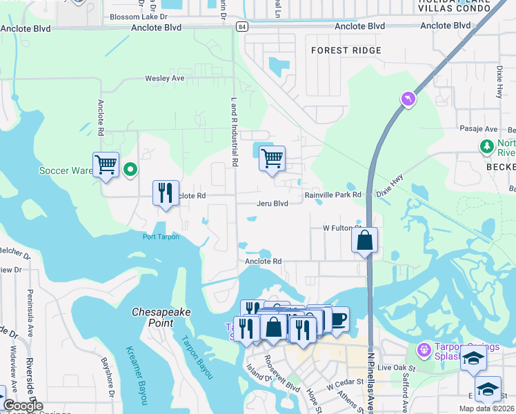 map of restaurants, bars, coffee shops, grocery stores, and more near 337 Jeru Boulevard in Tarpon Springs