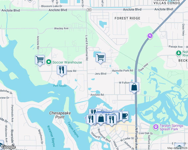 map of restaurants, bars, coffee shops, grocery stores, and more near 337 Jeru Boulevard in Tarpon Springs