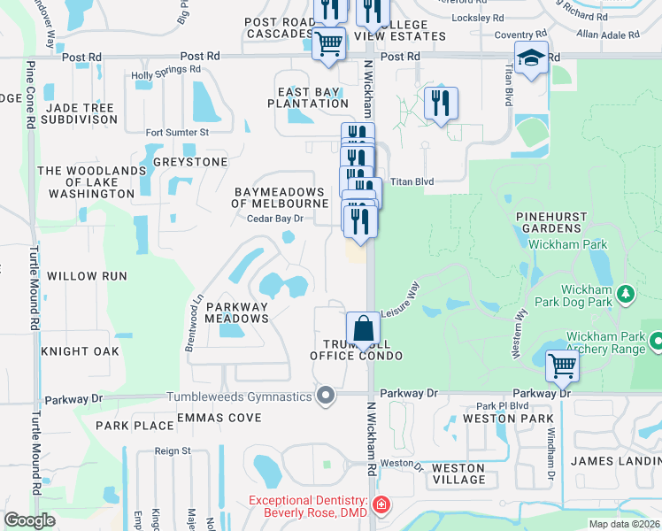 map of restaurants, bars, coffee shops, grocery stores, and more near 3450 Tabitha Court in Melbourne