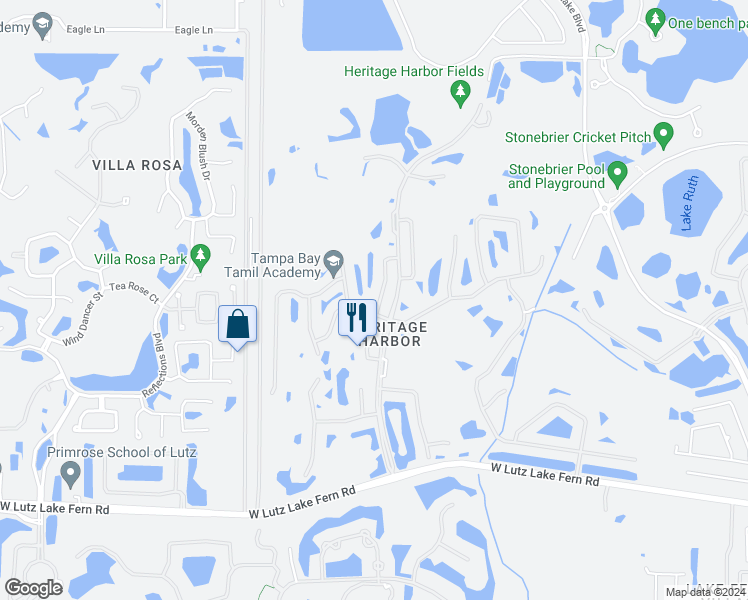 map of restaurants, bars, coffee shops, grocery stores, and more near 19306 Sea Mist Lane in Lutz