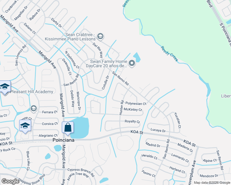 map of restaurants, bars, coffee shops, grocery stores, and more near 607 Mesilla Drive in Kissimmee