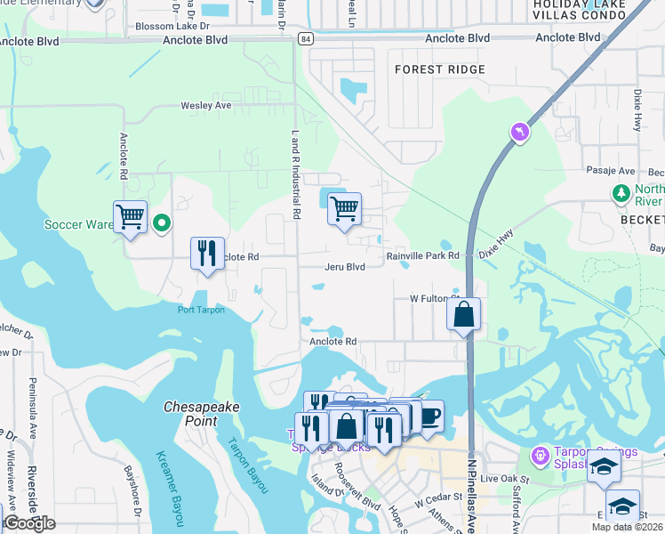 map of restaurants, bars, coffee shops, grocery stores, and more near 337 Jeru Boulevard in Tarpon Springs