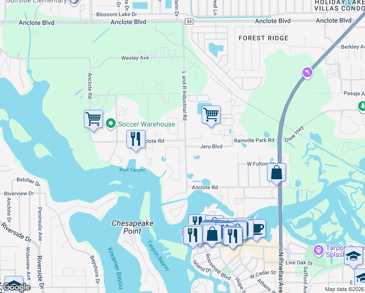 map of restaurants, bars, coffee shops, grocery stores, and more near 1202 Windy Bay Shoal in Tarpon Springs