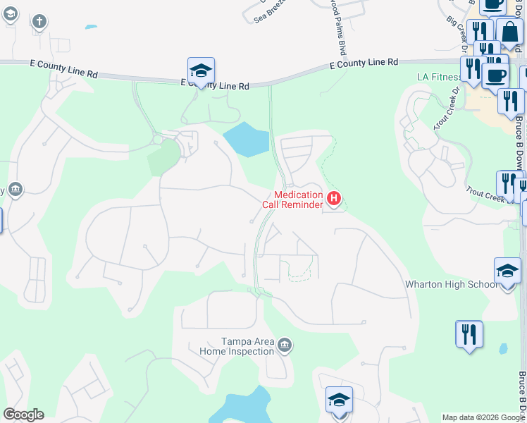 map of restaurants, bars, coffee shops, grocery stores, and more near 20211 Moss Hill Way in Tampa