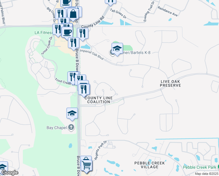map of restaurants, bars, coffee shops, grocery stores, and more near 20326 Noble Oak Place in Tampa