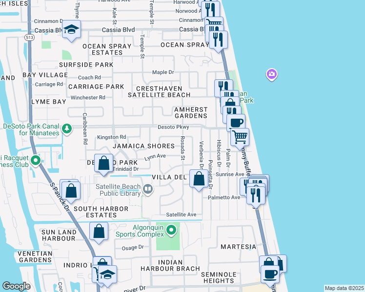 map of restaurants, bars, coffee shops, grocery stores, and more near Rosada Street in Satellite Beach