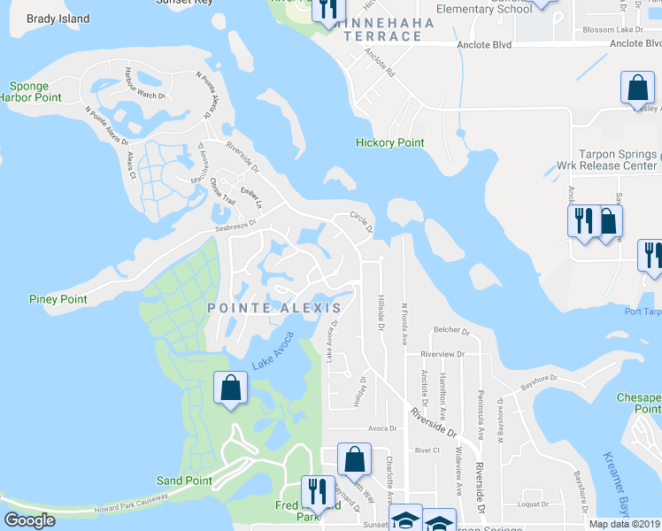 map of restaurants, bars, coffee shops, grocery stores, and more near 992 Spinnaker Court in Tarpon Springs