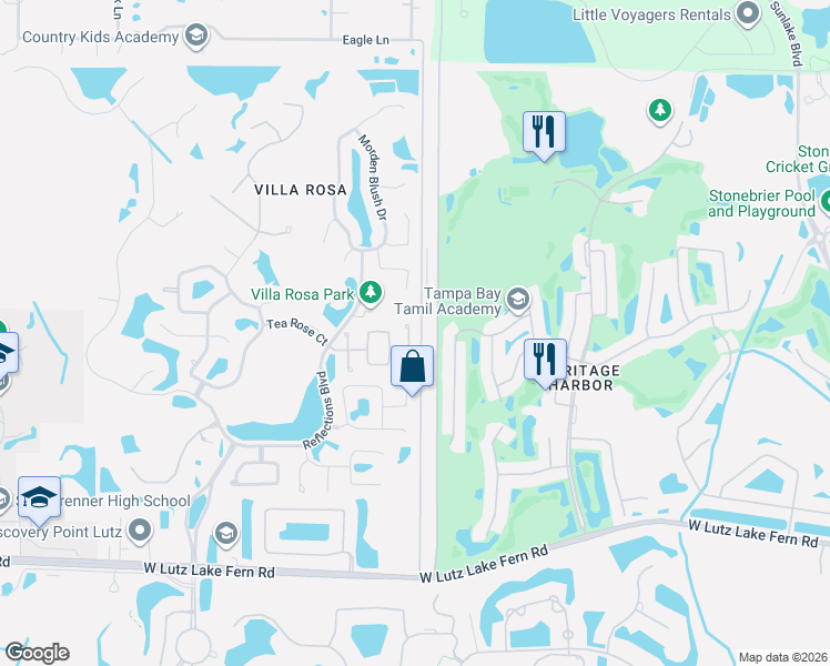 map of restaurants, bars, coffee shops, grocery stores, and more near 19429 Melody Fair Place in Lutz