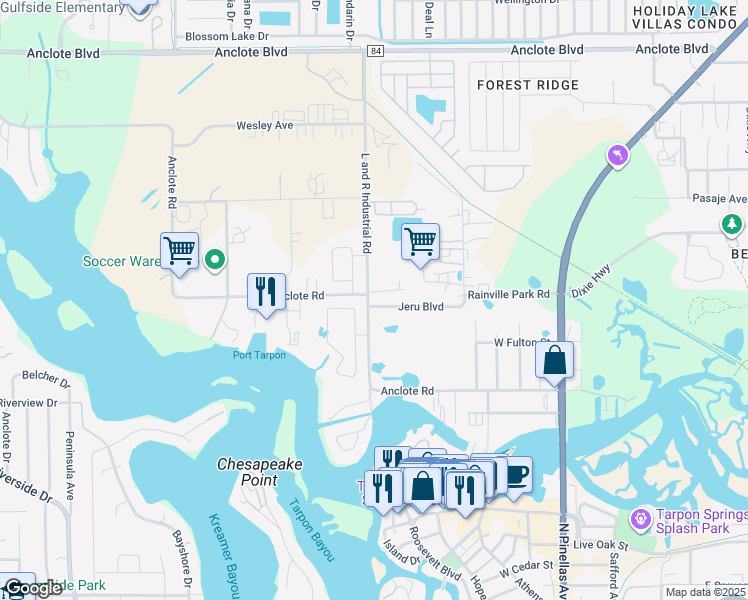 map of restaurants, bars, coffee shops, grocery stores, and more near 1300 L and R Industrial Boulevard in Tarpon Springs