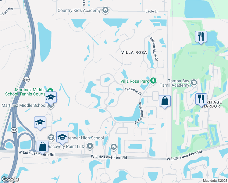 map of restaurants, bars, coffee shops, grocery stores, and more near 19308 Wind Dancer Street in Lutz