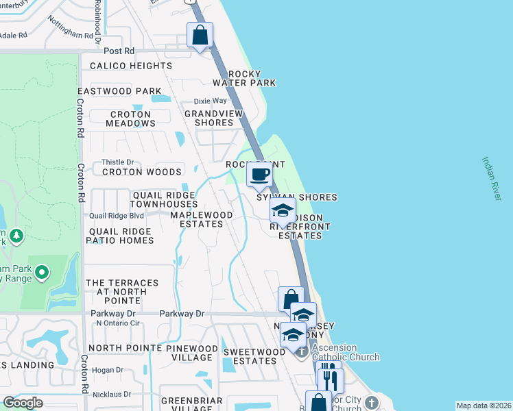 map of restaurants, bars, coffee shops, grocery stores, and more near 1622 Derby Lane in Melbourne