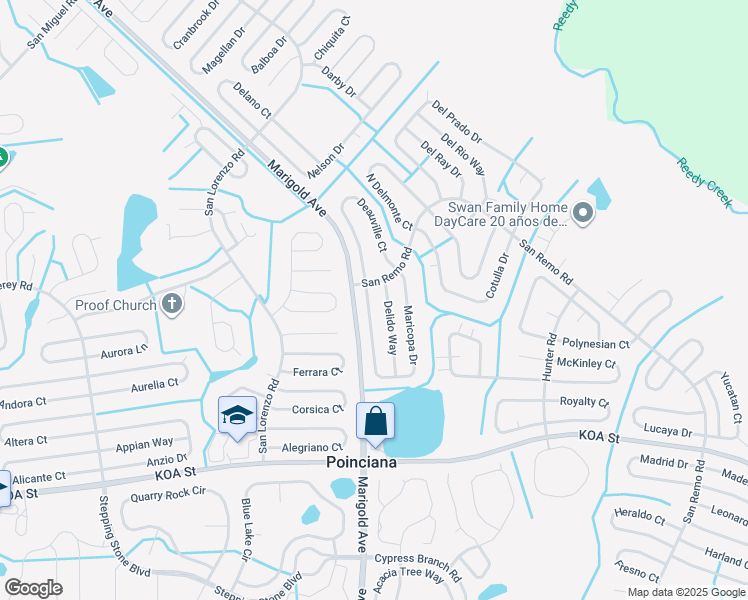 map of restaurants, bars, coffee shops, grocery stores, and more near 502 Maricopa Drive in Kissimmee