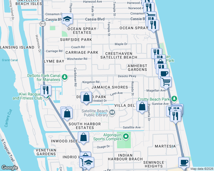 map of restaurants, bars, coffee shops, grocery stores, and more near 645 Kingston Circle in Satellite Beach