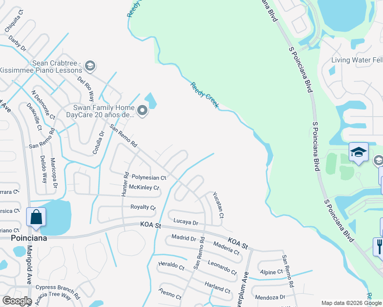 map of restaurants, bars, coffee shops, grocery stores, and more near 636 Floridian Drive in Kissimmee