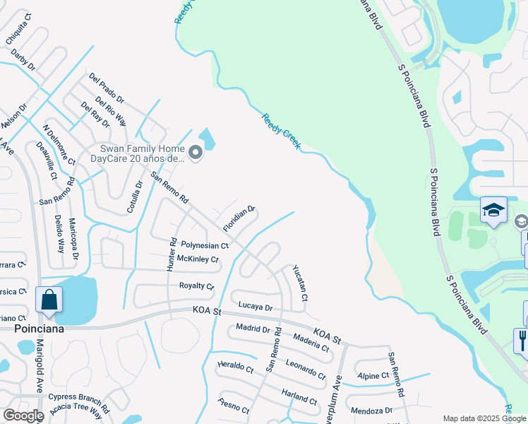map of restaurants, bars, coffee shops, grocery stores, and more near 636 Floridian Drive in Kissimmee