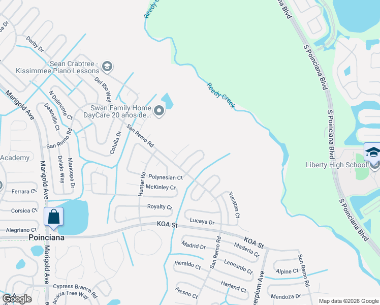 map of restaurants, bars, coffee shops, grocery stores, and more near 615 Mayan Place in Kissimmee