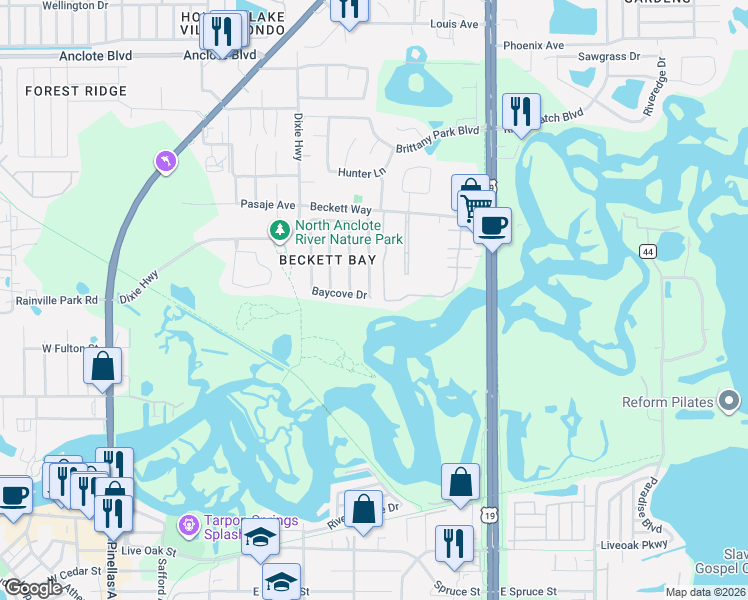 map of restaurants, bars, coffee shops, grocery stores, and more near 1425 Club Drive in Tarpon Springs