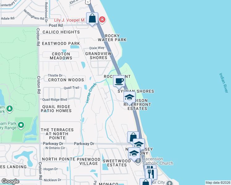 map of restaurants, bars, coffee shops, grocery stores, and more near 1640 Derby Lane in Melbourne