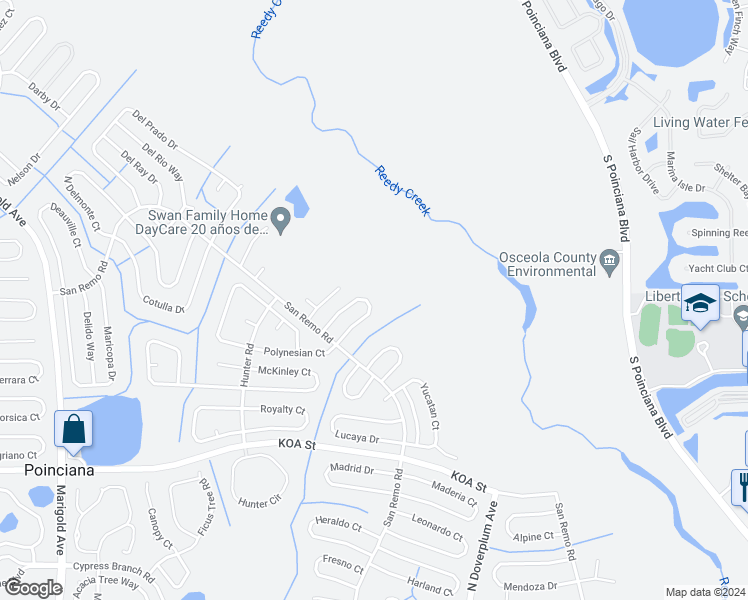 map of restaurants, bars, coffee shops, grocery stores, and more near 636 Floridian Drive in Kissimmee