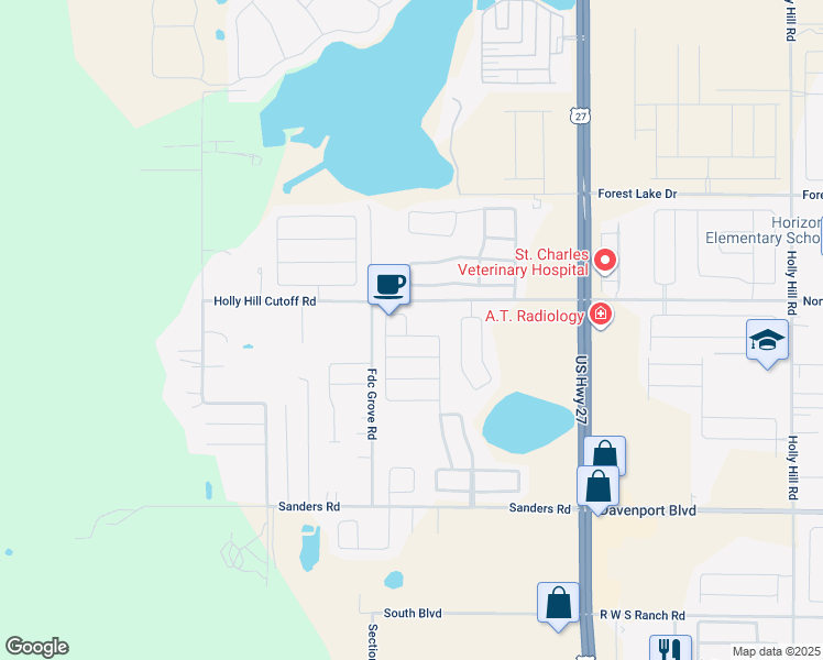 map of restaurants, bars, coffee shops, grocery stores, and more near 768 Jessamine Drive in Davenport
