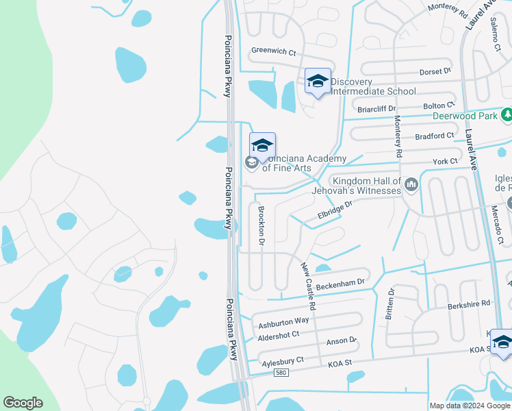 map of restaurants, bars, coffee shops, grocery stores, and more near 625 Brockton Drive in Kissimmee