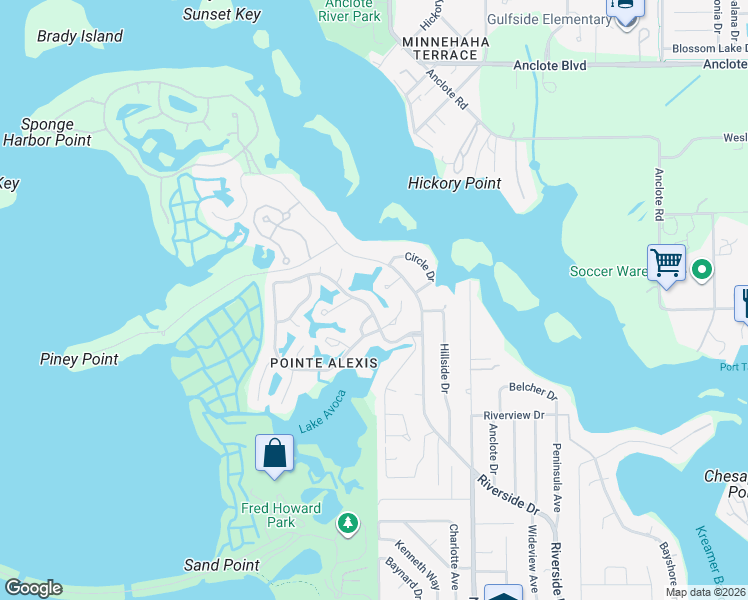 map of restaurants, bars, coffee shops, grocery stores, and more near 1212 South Pointe Alexis Drive in Tarpon Springs