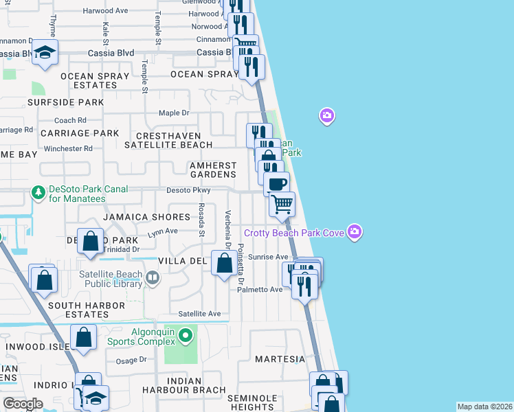 map of restaurants, bars, coffee shops, grocery stores, and more near 621 Hibiscus Drive in Satellite Beach