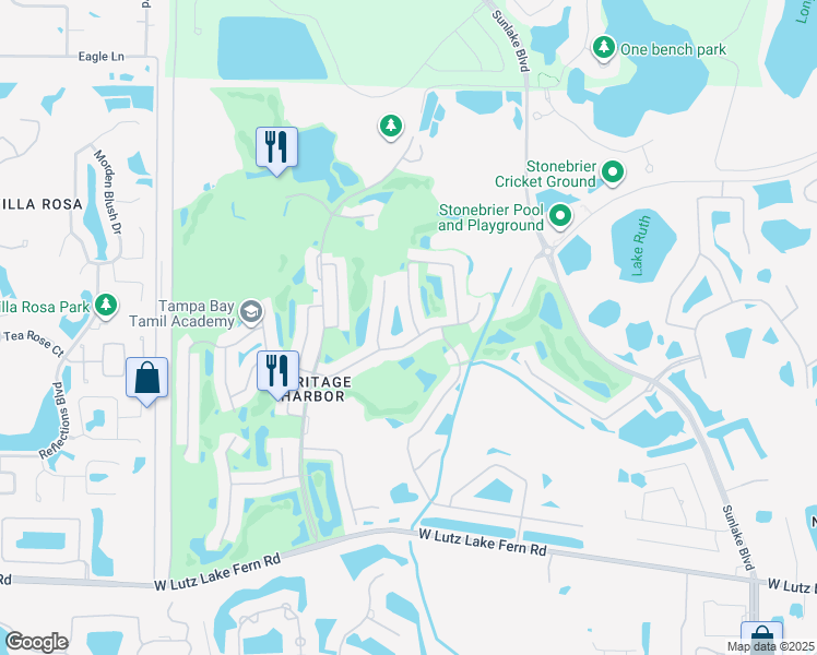 map of restaurants, bars, coffee shops, grocery stores, and more near 4107 Harbor Lake Drive in Lutz