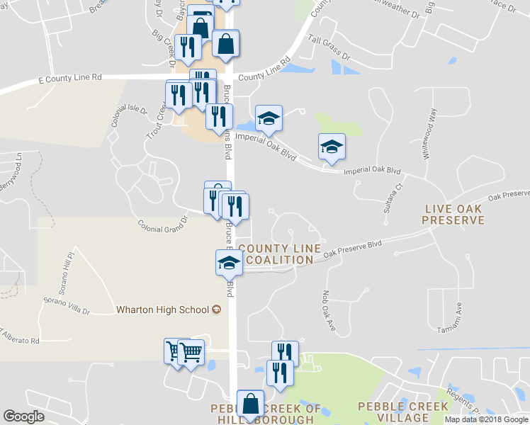 map of restaurants, bars, coffee shops, grocery stores, and more near 20418 Harvest Oak Court in Tampa