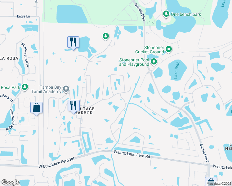 map of restaurants, bars, coffee shops, grocery stores, and more near 4107 Harbor Lake Drive in Lutz