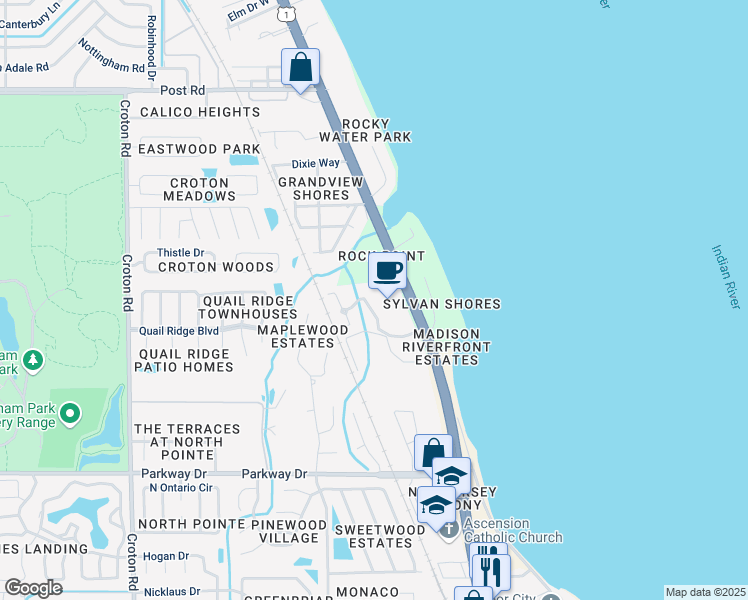 map of restaurants, bars, coffee shops, grocery stores, and more near 1650 Derby Lane in Melbourne