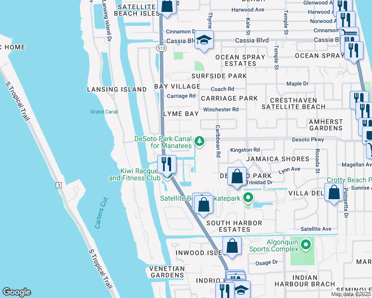 map of restaurants, bars, coffee shops, grocery stores, and more near 610 Desoto Lane in Indian Harbour Beach