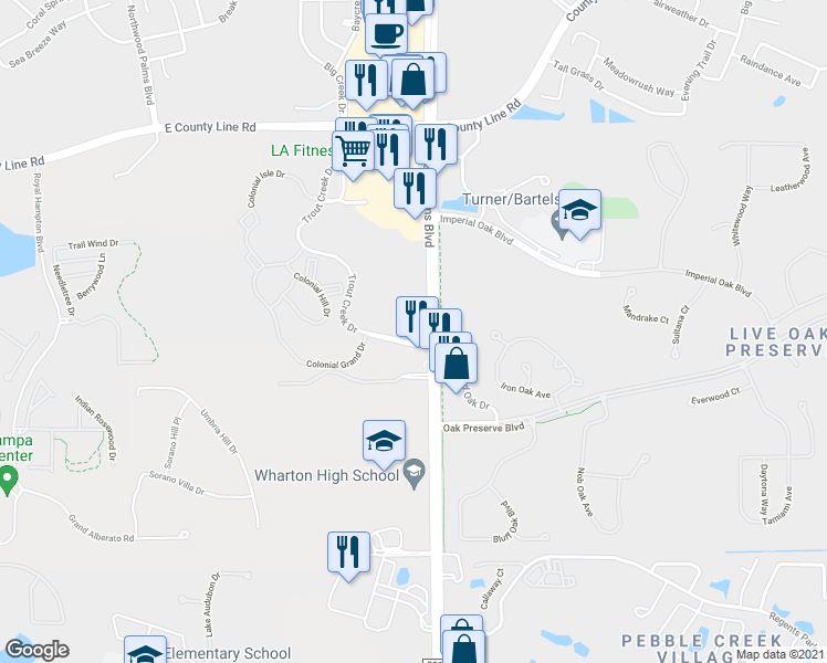 map of restaurants, bars, coffee shops, grocery stores, and more near 20301 Trout Creek Drive in Tampa