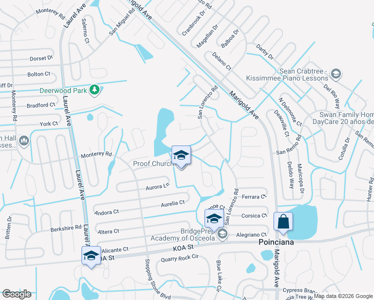 map of restaurants, bars, coffee shops, grocery stores, and more near 143 Pompei Drive in Kissimmee