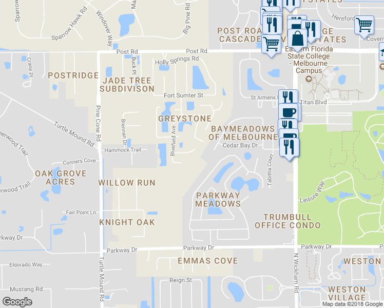 map of restaurants, bars, coffee shops, grocery stores, and more near 3311 Burkeland Place in Melbourne