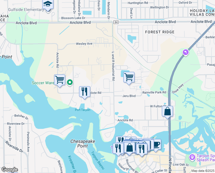 map of restaurants, bars, coffee shops, grocery stores, and more near 1300 L and R Industrial Boulevard in Tarpon Springs