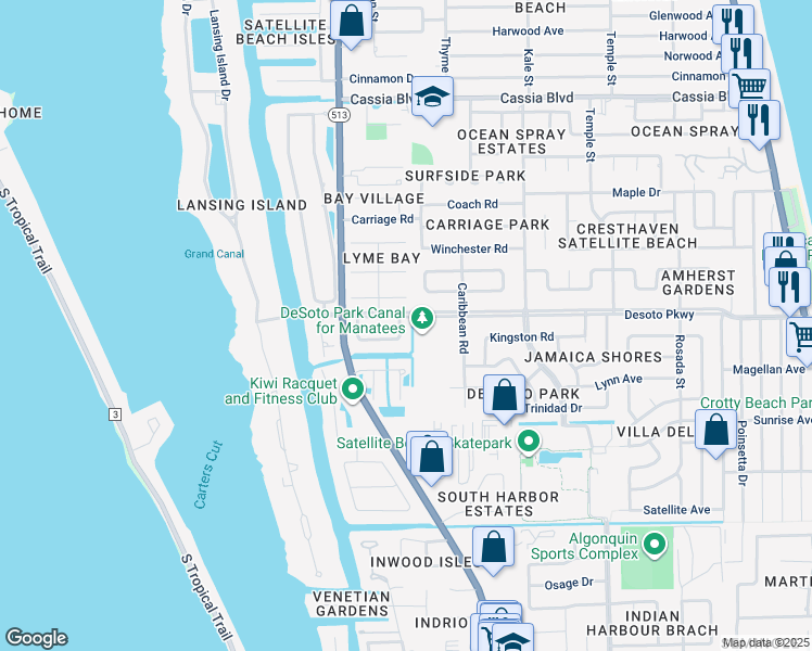 map of restaurants, bars, coffee shops, grocery stores, and more near 610 Desoto Lane in Indian Harbour Beach