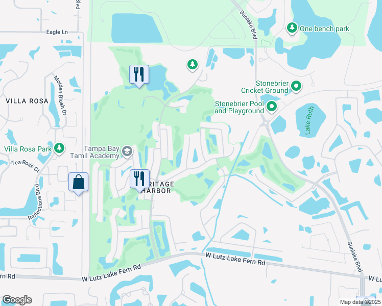 map of restaurants, bars, coffee shops, grocery stores, and more near 19317 Aqua Springs Drive in Lutz