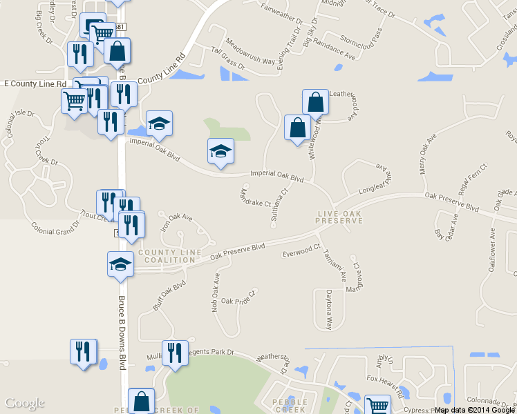 map of restaurants, bars, coffee shops, grocery stores, and more near 9329 Mandrake Court in Tampa