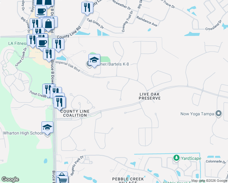 map of restaurants, bars, coffee shops, grocery stores, and more near 9327 Mandrake Court in Tampa