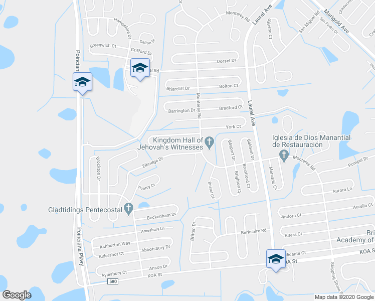 map of restaurants, bars, coffee shops, grocery stores, and more near 677 Elbridge Drive in Kissimmee