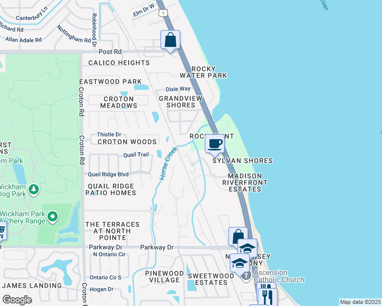 map of restaurants, bars, coffee shops, grocery stores, and more near 3467 Horse Creek Circle in Melbourne