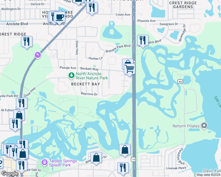 map of restaurants, bars, coffee shops, grocery stores, and more near 1403 Hillview Lane in Tarpon Springs