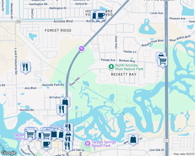 map of restaurants, bars, coffee shops, grocery stores, and more near 1456 Watermill Circle in Tarpon Springs