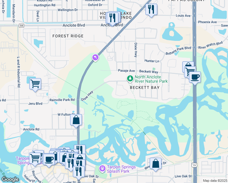 map of restaurants, bars, coffee shops, grocery stores, and more near 1456 Watermill Circle in Tarpon Springs