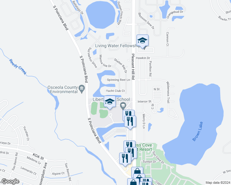 map of restaurants, bars, coffee shops, grocery stores, and more near 3508 Yacht Club Court in Kissimmee